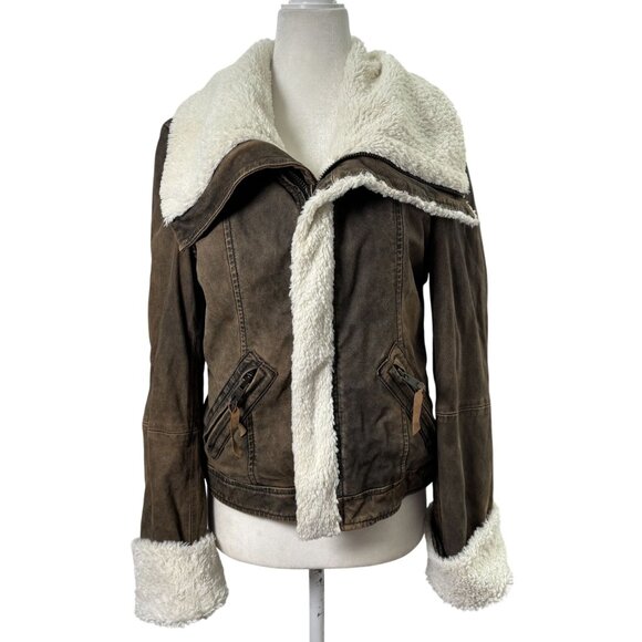 Women Small Sherpa Lined Faux Leather Aviator Bomber Jacket Brown Winter - Picture 1 of 10